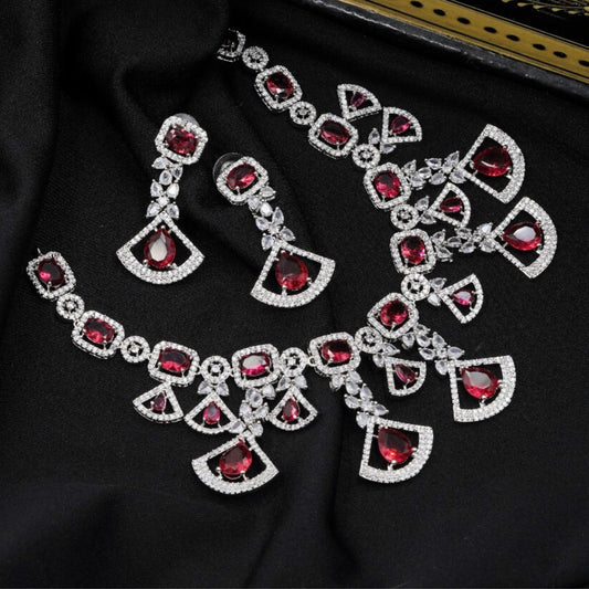 VALLAKI HANDMADE Luxury White and Red CZ Necklace Set with Earrings in High Quality CZ Stone in Brass Wedding wear Jewelery Set