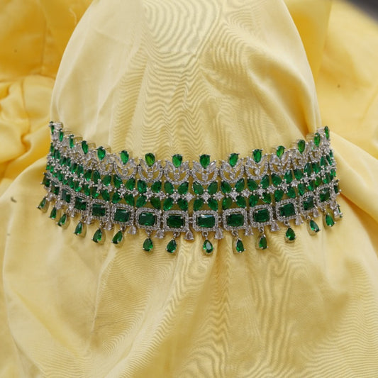 BOLLYWOOD Style Full Neck CHOKAR Necklace Set with Earrings In Emerald Green CZ Stones in Silver Alloy Wedding Jewelery heavy Set for Bridesmaid