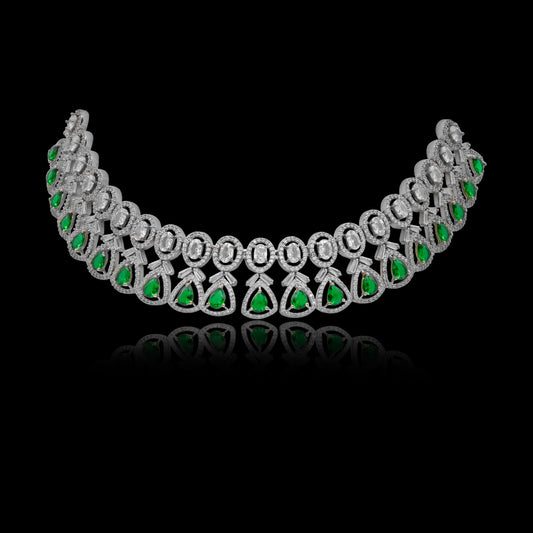 VALLAKI Luxury White Emerald Green Cubic Zirconia Necklace Set with Earrings in Brass Wedding wear Jewelery Set