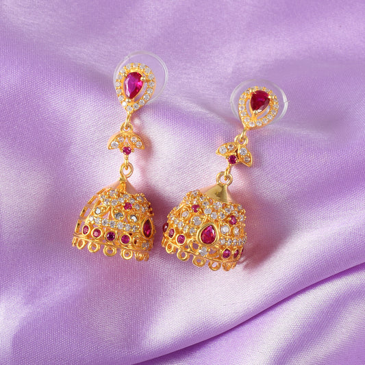 Sparkling Gold-Plated CZ Stone Unique Pink Fluorite Jhumka