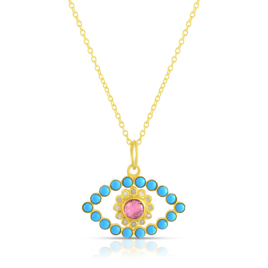14K Gold Plated 925 Sterling Silver Pendant with Pave Diamond, Natural Turquoise, and Red Tourmaline