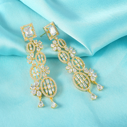 Charming Golden Long CZ Beaded Dangle Earrings With 14K Gold