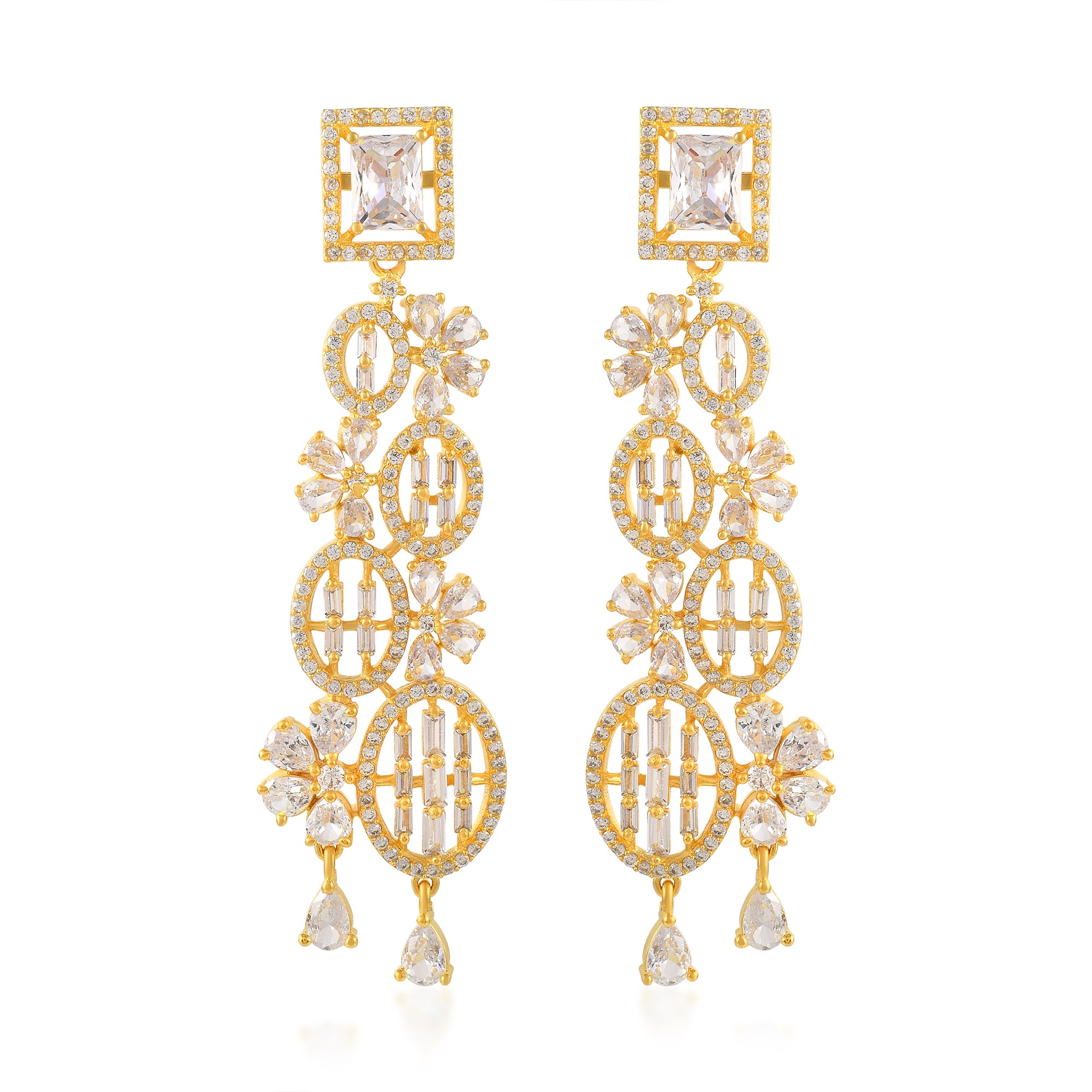 Charming Golden Long CZ Beaded Dangle Earrings With 14K Gold
