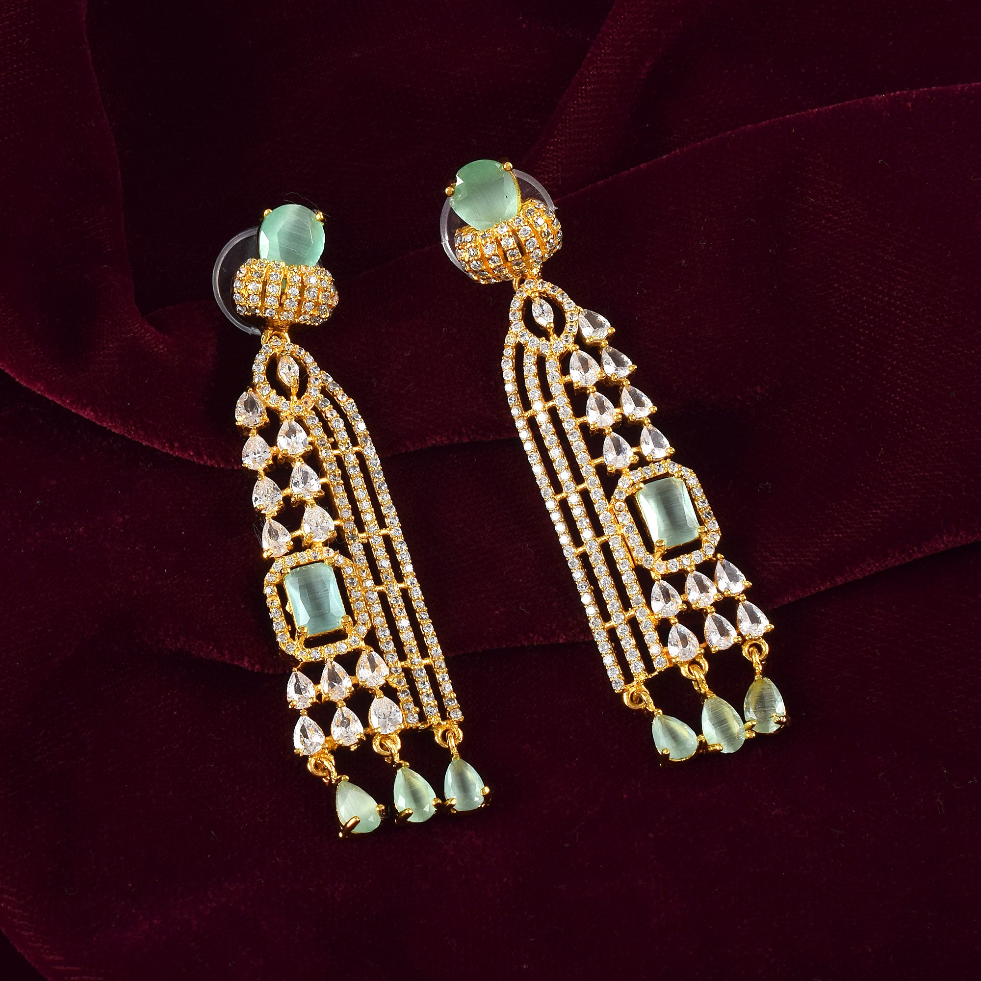 Mint Gemstone Charming Golden CZ Dangle Earrings With 14K Gold