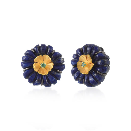 Lapis Lazuli Blue Floral Stud Earrings with Emerald Center