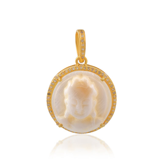 One of a Kind Pave Diamond Carved Mother of Pearl Lady Cameo handmade 14k Yellow Gold Round Pendant in 925 Sterling Silver Gold Dipped Vintage Collection