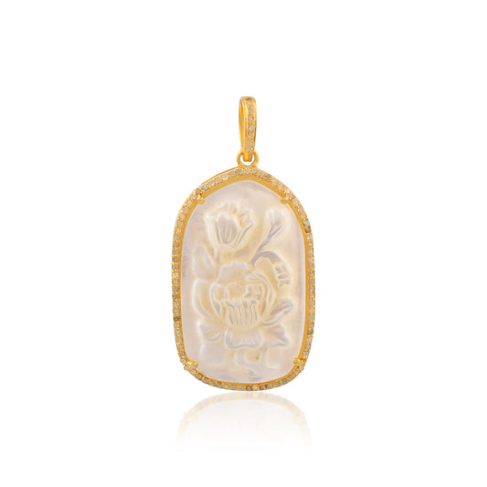 One of a Kind Pave Diamond Carved Mother of Pearl Lady Cameo handmade 14k Yellow Gold Long Pendant in 925 Sterling Silver Gold Dipped Vintage Collection