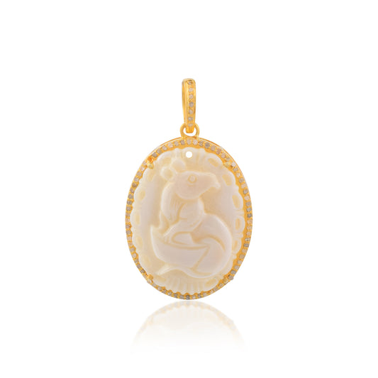 One of a Kind Pave Diamond Carved Mother of Pearl Lady Cameo handmade 14k Yellow Gold Oval Pendant in 925 Sterling Silver Gold Dipped Vintage Collection
