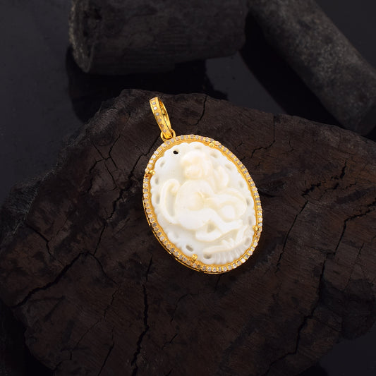 One of a Kind Pave Diamond Carved Mother of Pearl Lady Cameo handmade 14k Yellow Gold Round  Pendant in 925 Sterling Silver Gold Dipped Vintage Collection