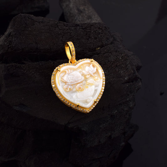 Heart Shaped One of a Kind Pave Diamond Carved Mother of Pearl Lady Cameo handmade 14k Yellow Gold Pendant in 925 Sterling Silver Gold Dipped Vintage Collection