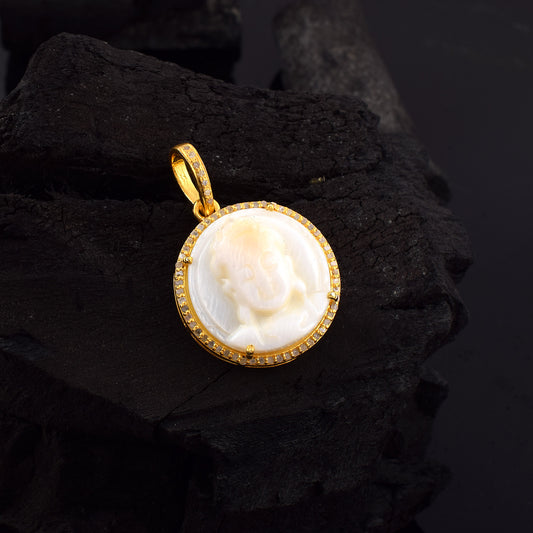 One of a Kind Pave Diamond Carved Mother of Pearl Lady Cameo handmade 14k Yellow Gold Round Pendant in 925 Sterling Silver Gold Dipped Vintage Collection