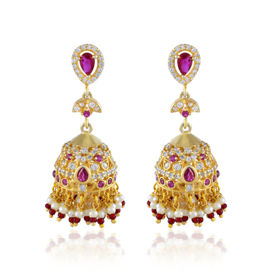 Elegance Shine Gold-Plated Pink Fluorite Jhumka Earrings With 14K Gold