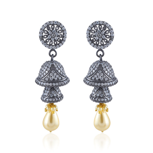 Antique Mayur Jali Jhumka Earrings with Pearl Lamps in 925 Silver.