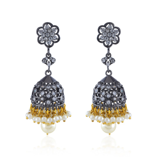Antique Mayur Jali Black Rhodium Jhumka Earrings with Elegant Pearl Adornments.