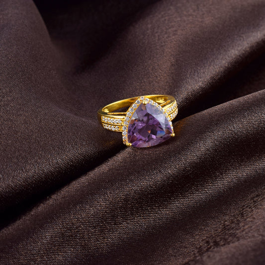 Diamond Studded Amethyst Gemstone Engagement Ring With Gold Plated