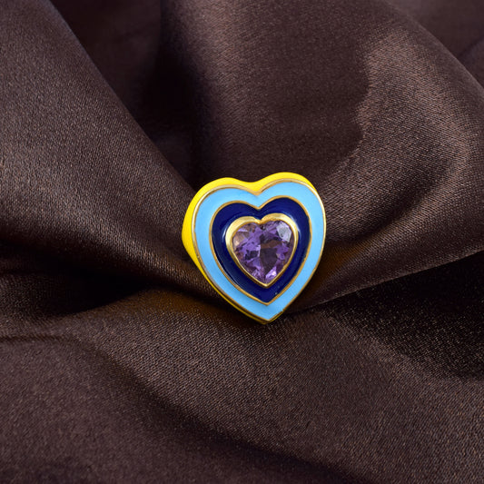 Blue and Yellow Enamel Customize Heart Natural Amethyst Statement Ring