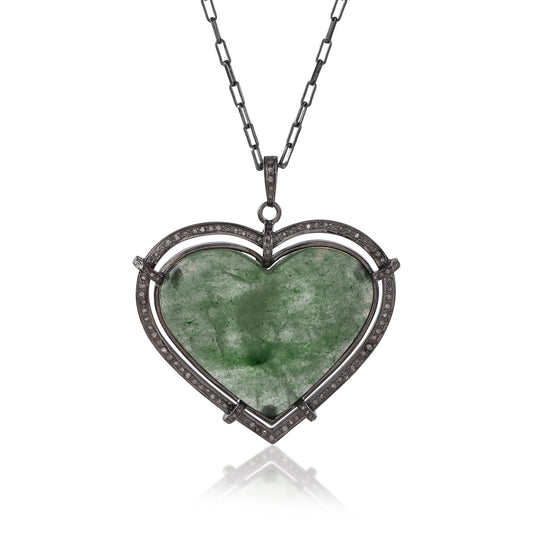 One of a kind Natural Green Aventurine Heart Love Pendant with Bloom flower Unique Love couple Pendant