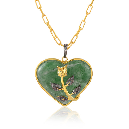 One of a kind Natural Green Aventurine Heart Love Pendant with Bloom flower Unique Love couple Pendant