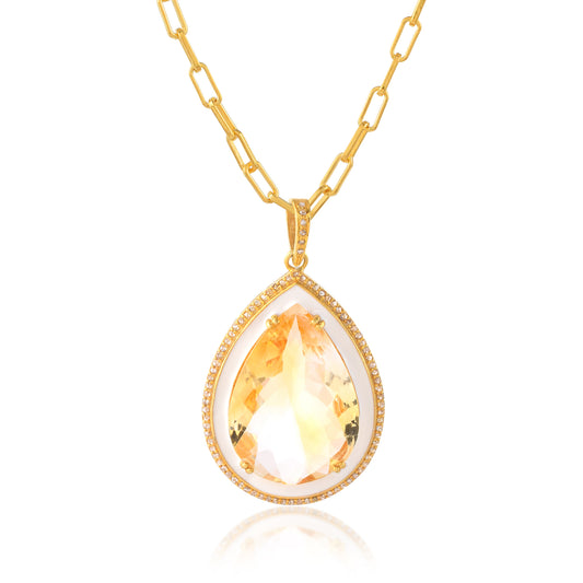 HANDMADE Pave Diamond Teradrop BIG CITRINE Yellow Gold Pendant in 925 Sterling Silver Gold Dipped Vintage Collection