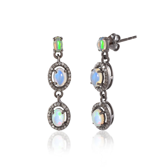 One-Of-A-Kind Natural Moonstone Layered Handmade Dangle Earrings In 925 Silver With Pave Diamond