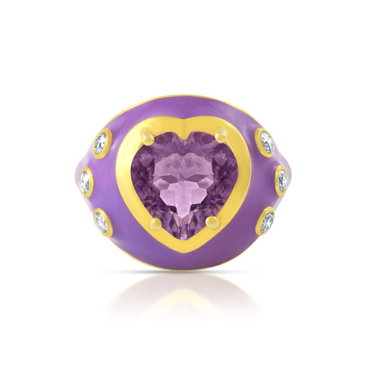 Enamel Heart Natural Amethyst Statement  In Yellow, Blue  Ring