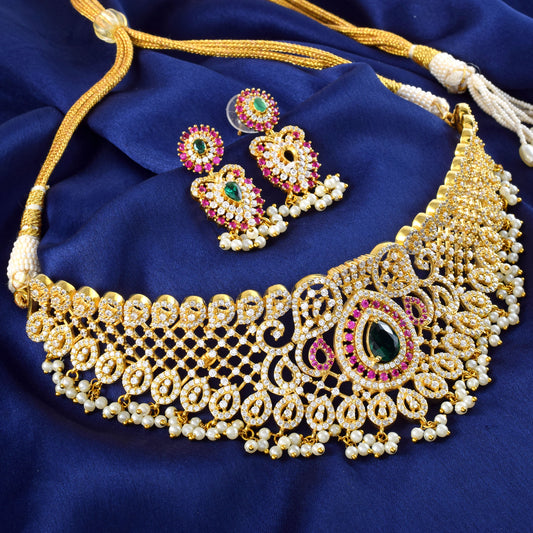 Lavish Bridal Bollywood Style Necklace Set with 14K Gold and Rhyno Stone.