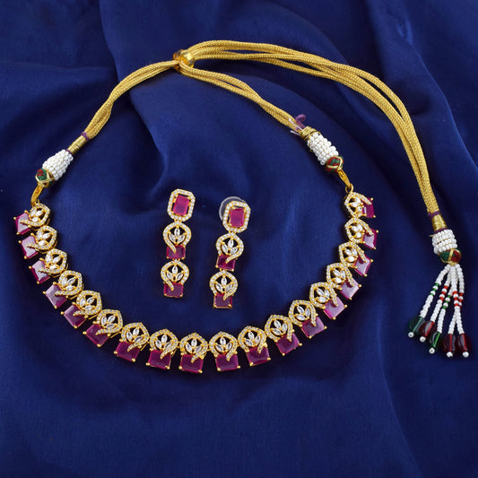 Light Weight Red Zircon Bollywood Bridal Necklace Set in 925 Silver with 14K Gold