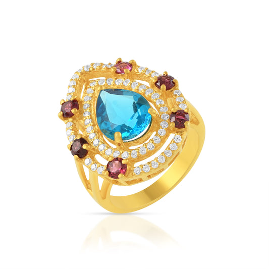 Natural Pear Shaped Blue Topaz In Centre With 14K Gold Statement Ring