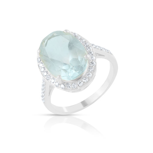 Oval Shape Aquamarine and Rhyno Stone Sterling Silver Promise Ring