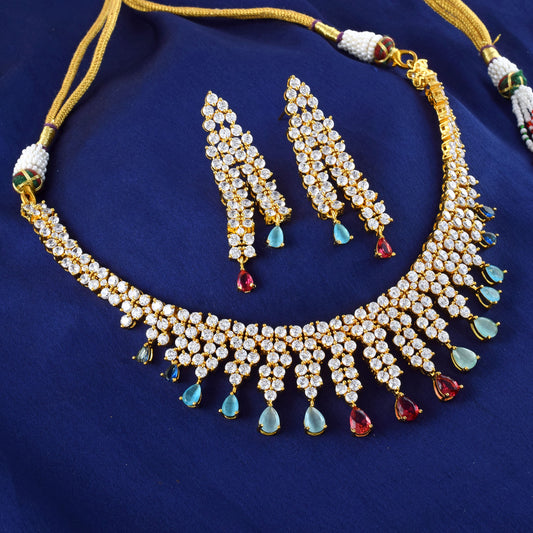 Mint Red and Green  Lavish Bridal Necklace Set in 925 Silver with 14K Gold.