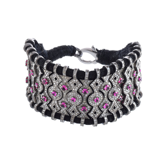 Luxurious Silver Lock Bracelet with Natural Diamond and Ruby Accents
