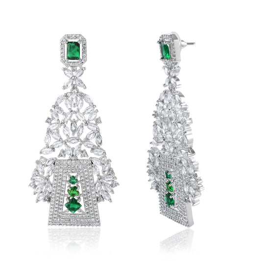 Handmade White Zirconia Green Emerald Cz Layered Light Weight Jhumka Earrings 33 Grams Long Earrings In High Quality Brass