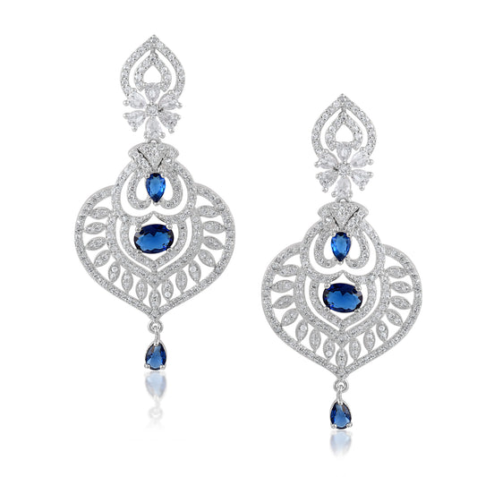 Handmade White Blue Zirconia Big Layered Light Weight Jhumka Earrings 18Grams Long Earrings In High Quality Brass Best For Wedding & Gifting