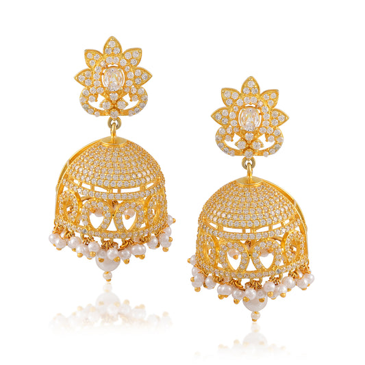 Premium Look Bold Gold Jalidar Chimes Jhumka Indian Jewelry Handmade Light Weight Natural Pearl Lamp Jhumka 925 Silver Bridesmaid Gift