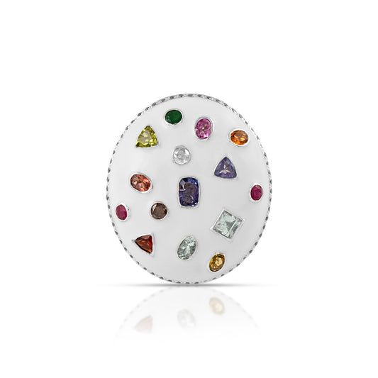 Multicolor White Oval Shaped With Natural Stones 925 Sterling Silver Statement Ring