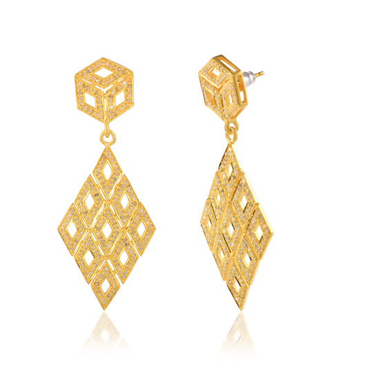 Geometric Shape Triangular Elegant Jhumka Earring In 925 Silver In 18K Gold Dipped Cz Hanging Ethnic Jhumka Bridesmaid Minimal Jewelry