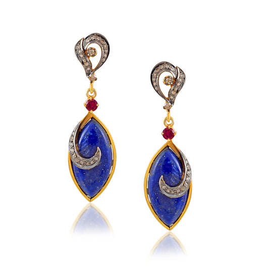 Lapis Lazuli Earring In 925 Sterling Silver Handmade One-Of-A-Kind Earring Jewelry Pave Diamond Studded Earrings