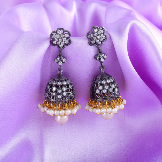 Antique Mayur Jali Black Rhodium Jhumka Earrings with Elegant Pearl Adornments.