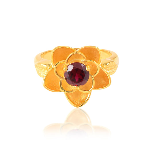 FLORAL Engagement Ring with Red Fine cut CZ Stone at centre in 14k Gold Polish in solid 925Silver