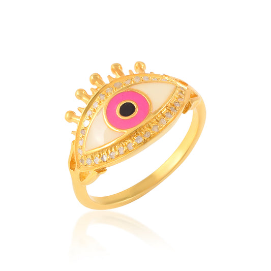 Light Weight Evil Eye Enamel Ring for Her Pave Diamond Enamel Office wear Ring