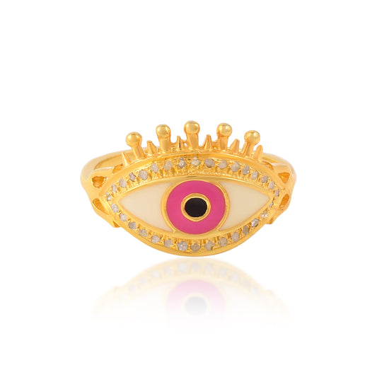 Light Weight Evil Eye Enamel Ring for Her Pave Diamond Enamel Office wear Ring