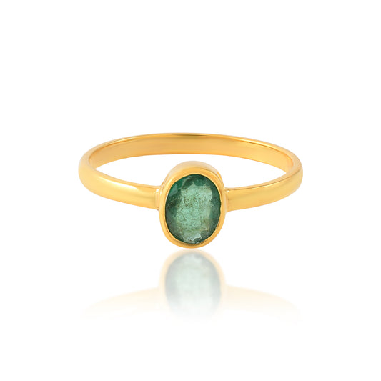 Solitaire Oval Emerald Ring Minimalist 925 Silver Ring with 14k Gold Plated