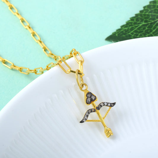 Bow arrow Vermeil Sagittarius Zodiac Sign Necklace in 925 Sterling Silver with Certified Uncut Natural Diamond with 925 Chain