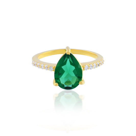 Green Pear Created Emerald With Gold Plated Promise Ring