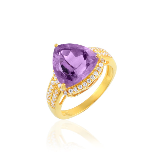 Diamond Studded Amethyst Gemstone Engagement Ring With Gold Plated