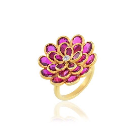 Natural Pink Flower Solid Yellow Gold Engagement Ring