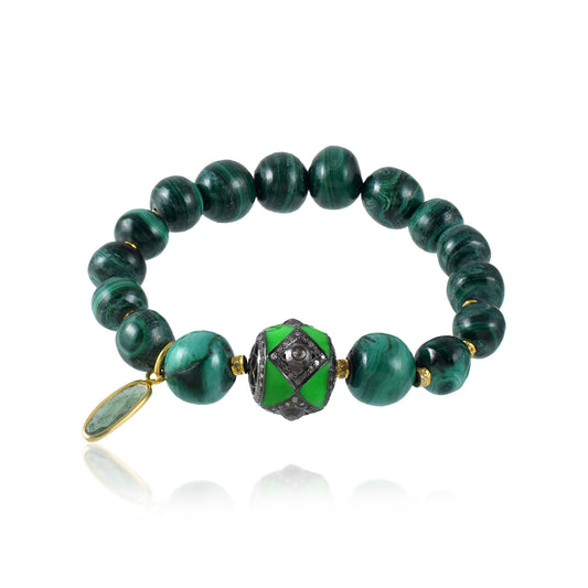 VALLAKI Natural Energized Malachite Beads Bracelet Band with Pave diamond Charms 8mm Beaded Bracelet Unisex Bead Bracelet