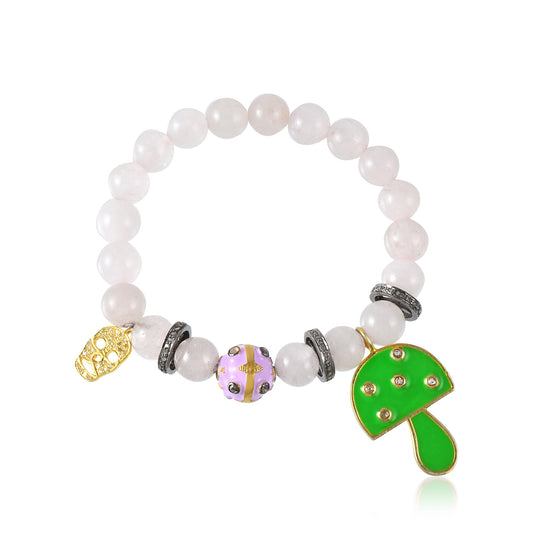 VALLAKI NATURAL Rose quartx Beades Adjustable Bracelet in 925 Silver Enamel Mushroom and Rouncd Chamrs Baby pink Stone Beaded Stretch Gemstone Bracelet w/ Charms