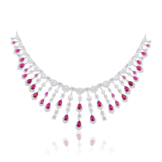 HANDMADE BESPOKE Layered Rani Pink CZ Diamond Necklace Set with Bracelet and Ring Set.