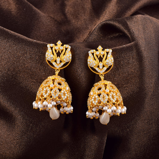 Bollywood Style Big Zirconia Layered Jhumka Earrings With Back Clip Support In 14K Gold Finish Small Jhumka Traditional Wedding Earrings